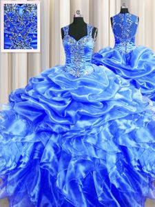 Glittering Zipper Up See Through Back Blue Ball Gowns Straps Sleeveless Organza Floor Length Zipper Beading and Ruffles and Pick Ups Sweet 16 Dresses