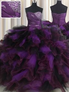 Shining Purple Sleeveless Floor Length Beading and Ruffles and Ruffled Layers Lace Up Sweet 16 Dress