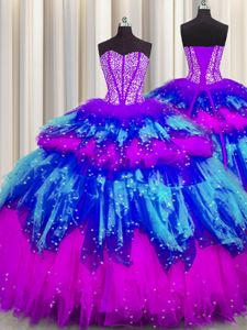 Cute Bling-bling Visible Boning Multi-color Sleeveless Beading and Ruffles and Ruffled Layers and Sequins Floor Length Quince Ball Gowns