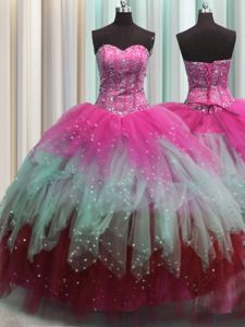 Pretty Visible Boning Multi-color Tulle Lace Up Sweetheart Sleeveless Floor Length Sweet 16 Quinceanera Dress Beading and Ruffles and Sequins