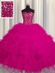 Visible Boning Fuchsia Lace Up Quinceanera Dresses Beading and Ruffles and Sequins Sleeveless Floor Length