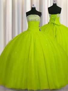 Custom Made Big Puffy Ball Gowns Sweet 16 Quinceanera Dress Yellow Green Strapless Organza Sleeveless Floor Length Lace Up