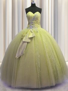 Fabulous Sleeveless Tulle Floor Length Lace Up Ball Gown Prom Dress in Light Yellow for with Beading and Sequins and Bowknot