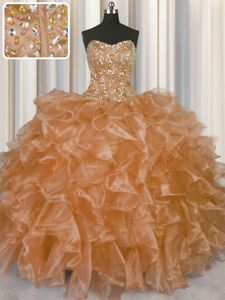 Visible Boning Sleeveless Beading and Ruffles Lace Up 15 Quinceanera Dress