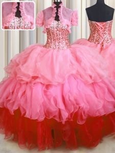 Latest Visible Boning Bling-bling Rose Pink Organza Lace Up Sweetheart Sleeveless Floor Length Quinceanera Dresses Beading and Ruffled Layers