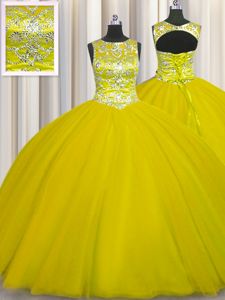 Customized Scoop Floor Length Gold Quince Ball Gowns Tulle Sleeveless Beading