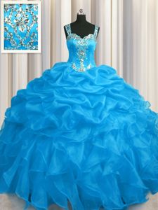 Dazzling Visible Boning Royal Blue Organza Lace Up Sweet 16 Quinceanera Dress Sleeveless Floor Length Beading and Ruffles