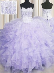 Delicate Scalloped Lavender Sleeveless Beading and Ruffles Floor Length Ball Gown Prom Dress