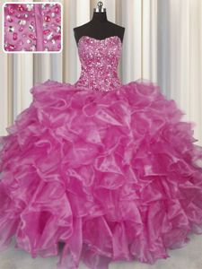 Visible Boning Fuchsia Strapless Lace Up Beading and Ruffles 15th Birthday Dress Sleeveless