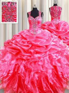 Zipper Up See Through Back Sleeveless Beading and Ruffles and Pick Ups Zipper 15th Birthday Dress