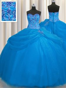 Really Puffy Blue Ball Gowns Tulle Sweetheart Sleeveless Beading Floor Length Lace Up Quinceanera Dama Dress