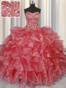 Customized Visible Boning Floor Length Ball Gowns Sleeveless Coral Red 15th Birthday Dress Lace Up