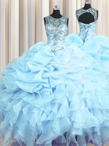 Luxury See Through Light Blue Organza Lace Up Scoop Sleeveless Floor Length Sweet 16 Dress Beading and Ruffles and Pick Ups