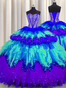 Enchanting Bling-bling Visible Boning Sleeveless Tulle Floor Length Lace Up Sweet 16 Quinceanera Dress in Multi-color for with Beading and Ruffles and Ruffled Layers and Sequins