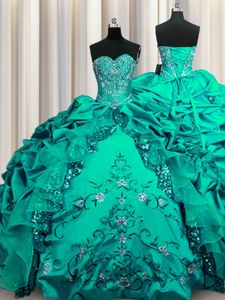 Flirting Sequins Floor Length Dark Green 15 Quinceanera Dress Taffeta Sleeveless Beading and Embroidery and Ruffles and Pick Ups