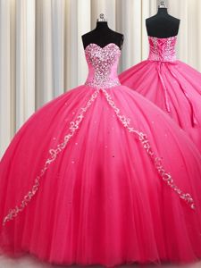 Hot Pink Ball Gowns Sweetheart Sleeveless Tulle Brush Train Lace Up Beading Quinceanera Dress