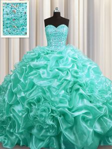 Glamorous Bling-bling Big Puffy Aqua Blue Tulle Lace Up Quinceanera Dresses Sleeveless Floor Length Beading