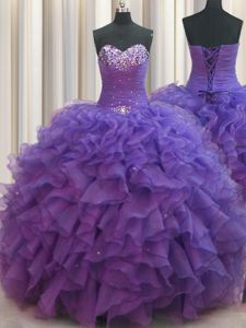 Custom Designed Beaded Bust Organza Sweetheart Sleeveless Lace Up Beading and Ruffles Ball Gown Prom Dress in Purple