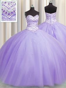 Custom Design Bling-bling Puffy Skirt Sleeveless Floor Length Beading Lace Up 15th Birthday Dress with Lavender