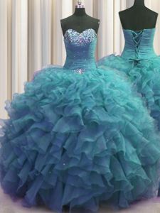 Hot Selling Beaded Bust Floor Length Ball Gowns Sleeveless Teal Vestidos de Quinceanera Lace Up