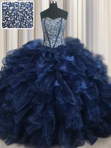 Top Selling Visible Boning Bling-bling Navy Blue Lace Up Ball Gown Prom Dress Beading and Ruffles Sleeveless With Brush Train