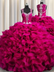 Zipple Up See Through Back Floor Length Ball Gowns Sleeveless Fuchsia Sweet 16 Quinceanera Dress Zipper