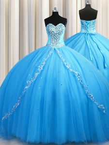 Sleeveless Beading Lace Up Dama Dress for Quinceanera with Baby Blue Brush Train