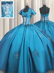 Pretty Teal Lace Up 15th Birthday Dress Beading and Appliques and Ruching Short Sleeves Floor Length