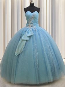 Artistic See Through Cap Sleeves With Train Beading and Appliques Zipper Quinceanera Gown with Baby Blue Brush Train