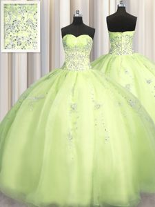 Big Puffy Yellow Green Sweet 16 Dress Military Ball and Sweet 16 and Quinceanera and For with Beading and Appliques Sweetheart Sleeveless Zipper