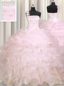 One Shoulder Floor Length Baby Pink Ball Gown Prom Dress Organza Sleeveless Beading and Ruffles