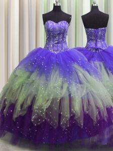 Fantastic Visible Boning Multi-color Sleeveless Tulle Lace Up Vestidos de Quinceanera for Military Ball and Sweet 16 and Quinceanera