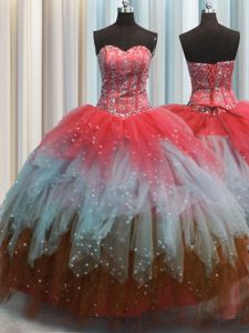 Visible Boning Sleeveless Beading and Ruffles and Sequins Lace Up Quinceanera Dress