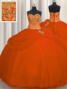 Orange Red Ball Gowns Sweetheart Sleeveless Tulle Floor Length Lace Up Beading Vestidos de Quinceanera