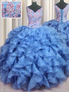 Fitting Ruffled Baby Blue Lace Up V-neck Appliques and Ruffles Sweet 16 Dresses Organza Sleeveless