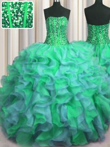 Attractive Sleeveless Lace Up Floor Length Beading and Appliques and Ruffles Sweet 16 Quinceanera Dress