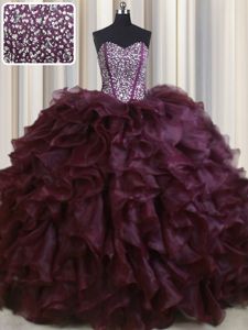 Visible Boning Brush Train Ball Gowns Quinceanera Dresses Burgundy Sweetheart Organza Sleeveless With Train Lace Up