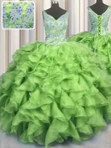 Stylish Visible Boning Scalloped Organza Sleeveless Floor Length Quinceanera Dresses and Beading and Ruffles