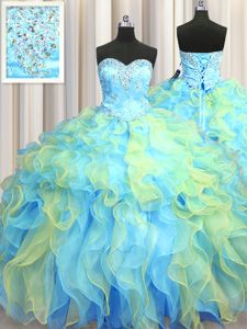 Lovely V Neck Sleeveless Floor Length Beading and Ruffles Lace Up Ball Gown Prom Dress with Turquoise