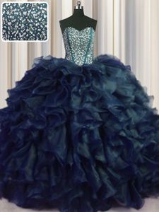 Visible Boning Bling-bling Navy Blue Lace Up Sweetheart Beading and Ruffles Quince Ball Gowns Organza Sleeveless Brush Train