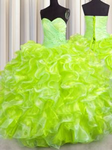 Shining Yellow Green Ball Gowns Beading and Ruffles 15 Quinceanera Dress Lace Up Organza Sleeveless Floor Length