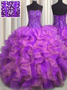 Zipple Up See Through Back Organza Sleeveless Floor Length 15 Quinceanera Dress and Beading and Ruffles and Sequins and Pick Ups