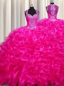 Hot Selling Zipper Up See Through Back Sleeveless With Train Beading and Ruffles Zipper Quinceanera Gowns with Fuchsia Sweep Train