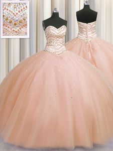 Designer Bling-bling Really Puffy Peach Tulle Lace Up Sweetheart Sleeveless Floor Length Sweet 16 Dresses Beading