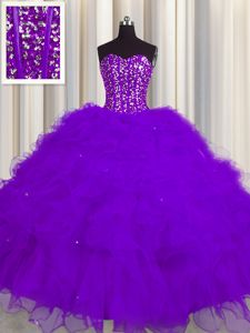 Amazing Purple Lace Up Sweetheart Beading and Appliques and Ruffles 15 Quinceanera Dress Organza Sleeveless