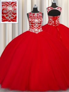 Elegant Scoop Sleeveless Floor Length Beading Lace Up 15 Quinceanera Dress with Red