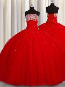 Trendy Puffy Skirt Red Ball Gown Prom Dress Military Ball and Sweet 16 and Quinceanera and For with Beading and Sequins Strapless Sleeveless Lace Up