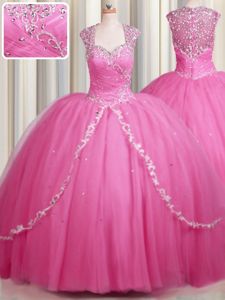 Discount Zipper Up Sweetheart Cap Sleeves Quinceanera Gowns With Brush Train Beading and Appliques Rose Pink Tulle