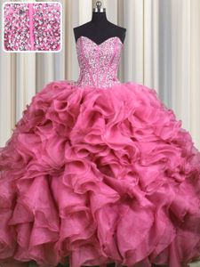 Visible Boning Bling-bling Rose Pink Ball Gowns Sweetheart Sleeveless Organza With Brush Train Lace Up Beading and Ruffles 15 Quinceanera Dress