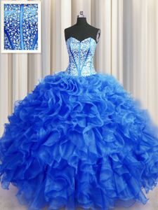 Modern Visible Boning Beaded Bodice Royal Blue Sleeveless Floor Length Beading and Ruffles Lace Up Sweet 16 Dresses